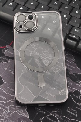 iPhone 13 Uyumlu MagSafe Özellikli Siyah Renkli Kenarlı Lazerli Şeffaf Kılıf Lens Korumalı - 1