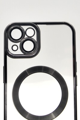 iPhone 13 Uyumlu MagSafe Özellikli Siyah Renkli Kenarlı Lazerli Şeffaf Kılıf Lens Korumalı - 5