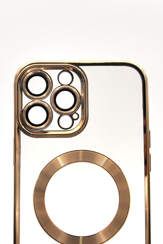 iPhone 14 Pro Max Uyumlu MagSafe Özellikli Altın Sarı Gold Renkli Kenarlı Lazerli Şeffaf Kılıf Lens Korumalı - 5