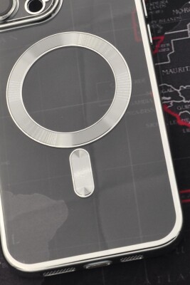 iPhone 14 Pro Max Uyumlu MagSafe Özellikli Gümüş Gri Silver Renkli Kenarlı Lazerli Şeffaf Kılıf Lens Korumalı - 2