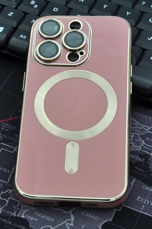 iPhone 14 Pro Max Uyumlu MagSafe Özellikli Lens Korumalı Lazerli Renkli Kılıf Pudra Pembe - 1