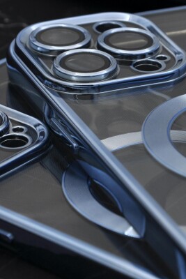 iPhone 14 Pro Max Uyumlu MagSafe Özellikli Saks Mavi Renkli Kenarlı Lazerli Şeffaf Kılıf Lens Korumalı - 3