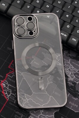 iPhone 14 Pro Max Uyumlu MagSafe Özellikli Siyah Renkli Kenarlı Lazerli Şeffaf Kılıf Lens Korumalı - 1