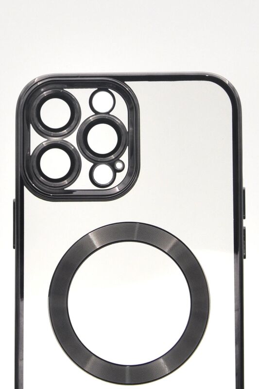 iPhone 14 Pro Max Uyumlu MagSafe Özellikli Siyah Renkli Kenarlı Lazerli Şeffaf Kılıf Lens Korumalı - 5