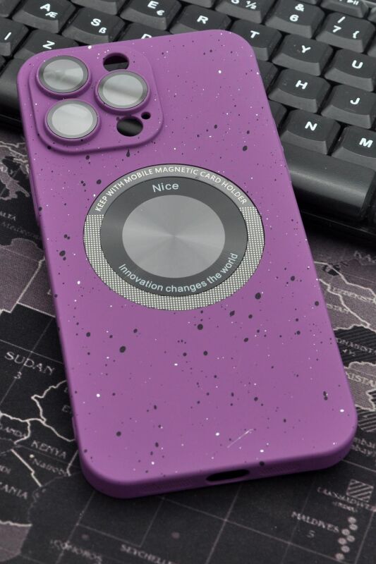 iPhone 14 Pro Max Uyumlu Mor Benekli Desenli İnce Sert Kapak Kılıf Kamera Lens Korumalı - 1