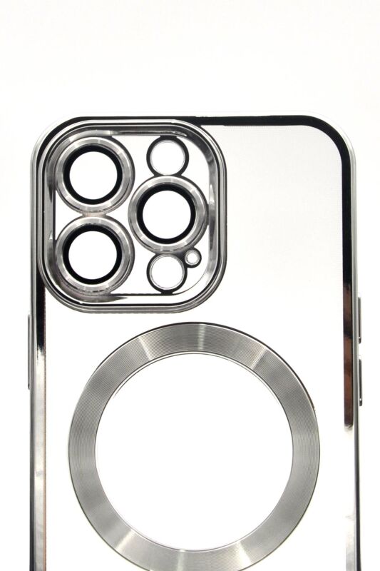 iPhone 14 Pro Uyumlu MagSafe Özellikli Gümüş Gri Silver Renkli Kenarlı Lazerli Şeffaf Kılıf Lens Korumalı - 5