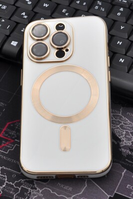 iPhone 14 Pro Uyumlu MagSafe Özellikli Lens Korumalı Lazerli Renkli Kılıf Krem 