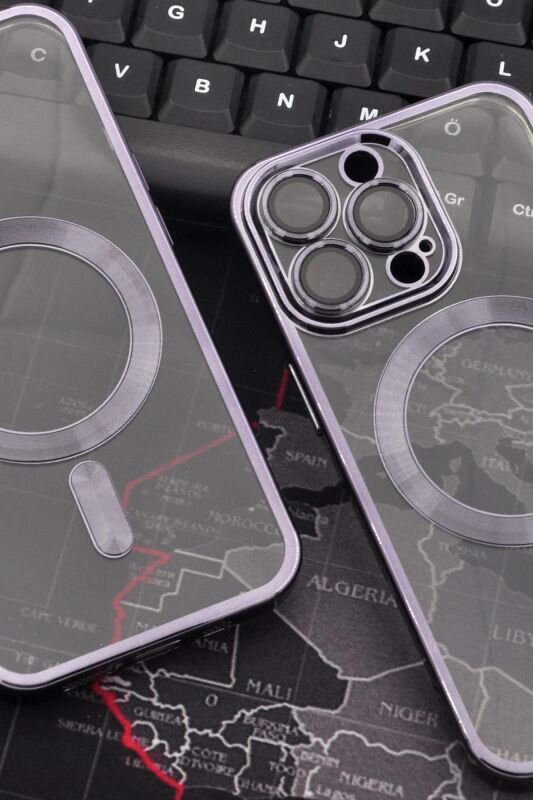 iPhone 14 Pro Uyumlu MagSafe Özellikli Mor Renkli Kenarlı Lazerli Şeffaf Kılıf Lens Korumalı - 6