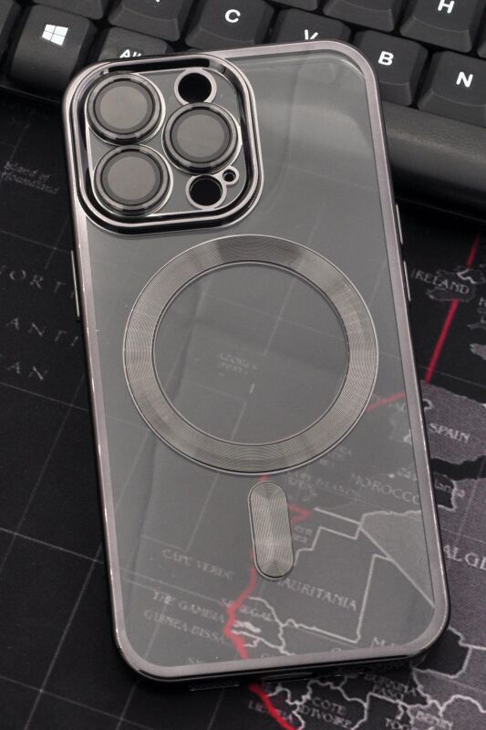iPhone 14 Pro Uyumlu MagSafe Özellikli Siyah Renkli Kenarlı Lazerli Şeffaf Kılıf Lens Korumalı - 1
