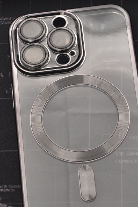 iPhone 14 Pro Uyumlu MagSafe Özellikli Siyah Renkli Kenarlı Lazerli Şeffaf Kılıf Lens Korumalı - 2