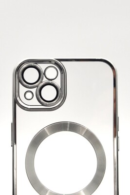 iPhone 14 Uyumlu MagSafe Özellikli Gümüş Gri Silver Renkli Kenarlı Lazerli Şeffaf Kılıf Lens Korumalı - 5