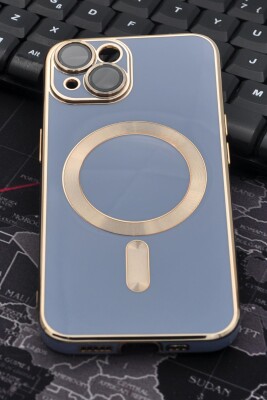 iPhone 14 Plus Uyumlu MagSafe Özellikli Lens Korumalı Lazerli Renkli Kılıf Mavi 