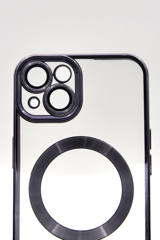 iPhone 14 Uyumlu MagSafe Özellikli Mor Renkli Kenarlı Lazerli Şeffaf Kılıf Lens Korumalı - 5