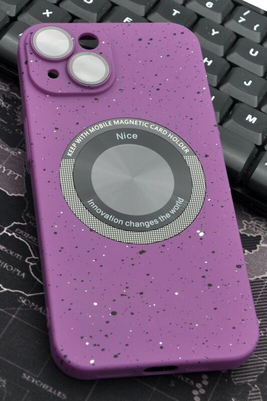 iPhone 14 Uyumlu Mor Benekli Desenli İnce Sert Kapak Kılıf Kamera Lens Korumalı - 1