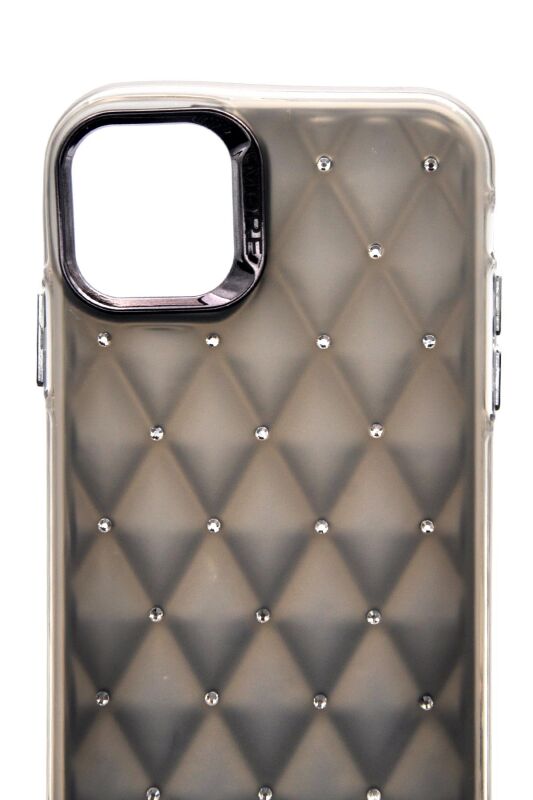iPhone 15 Pro Max Uyumlu Baklava Desenli Pırlanta Taşlı Sert Kapak Kılıf Gri - 5