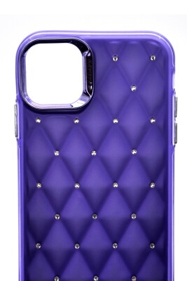 iPhone 15 Pro Max Uyumlu Baklava Desenli Pırlanta Taşlı Sert Kapak Kılıf Mor - 6