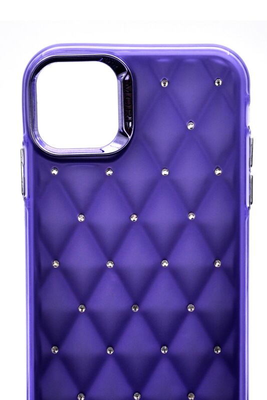 iPhone 15 Pro Max Uyumlu Baklava Desenli Pırlanta Taşlı Sert Kapak Kılıf Mor - 6