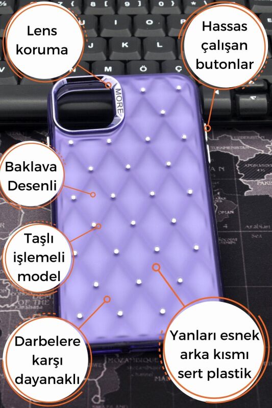 iPhone 15 Pro Max Uyumlu Baklava Desenli Pırlanta Taşlı Sert Kapak Kılıf Mor - 8