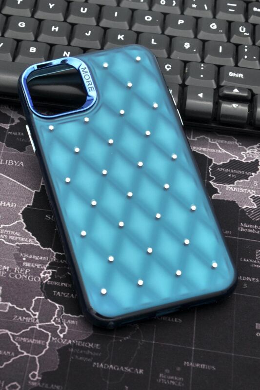 iPhone 15 Pro Max Uyumlu Baklava Desenli Pırlanta Taşlı Sert Kapak Kılıf Petrol Mavi - 1