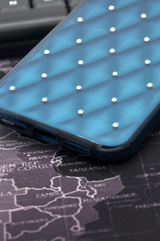 iPhone 15 Pro Max Uyumlu Baklava Desenli Pırlanta Taşlı Sert Kapak Kılıf Petrol Mavi - 5