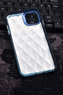 iPhone 15 Pro Max Uyumlu Baklava Desenli Pırlanta Taşlı Sert Kapak Kılıf Petrol Mavi - 7