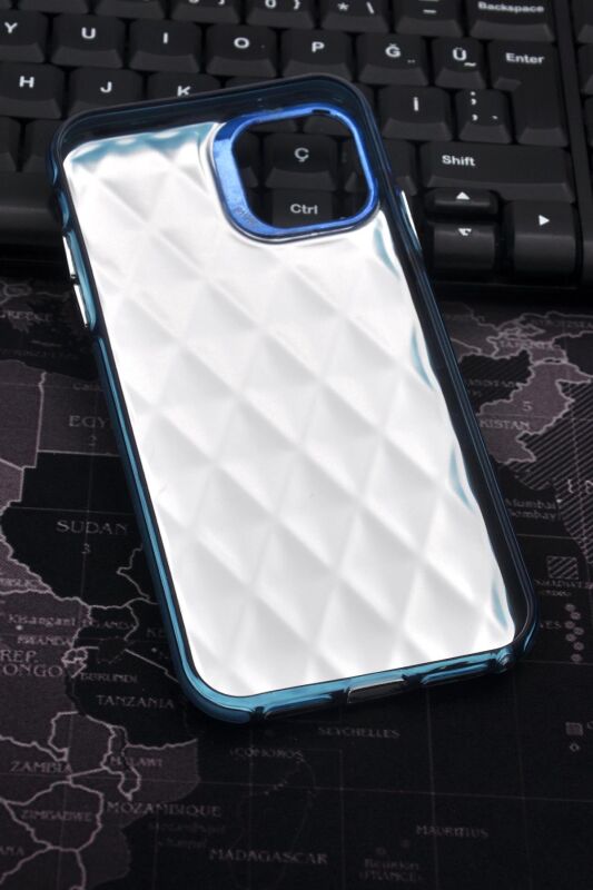iPhone 15 Pro Max Uyumlu Baklava Desenli Pırlanta Taşlı Sert Kapak Kılıf Petrol Mavi - 7