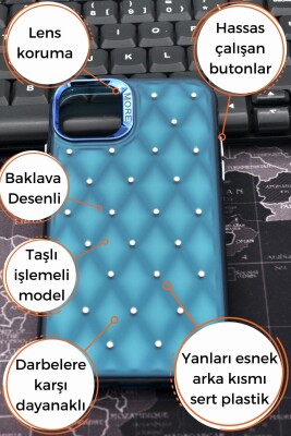 iPhone 15 Pro Max Uyumlu Baklava Desenli Pırlanta Taşlı Sert Kapak Kılıf Petrol Mavi - 8