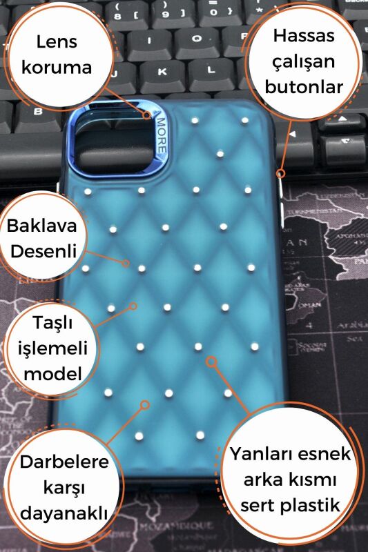 iPhone 15 Pro Max Uyumlu Baklava Desenli Pırlanta Taşlı Sert Kapak Kılıf Petrol Mavi - 8