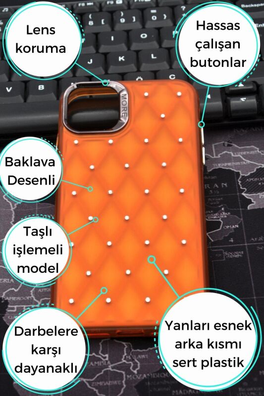 iPhone 15 Pro Max Uyumlu Baklava Desenli Pırlanta Taşlı Sert Kapak Kılıf Turuncu - 8