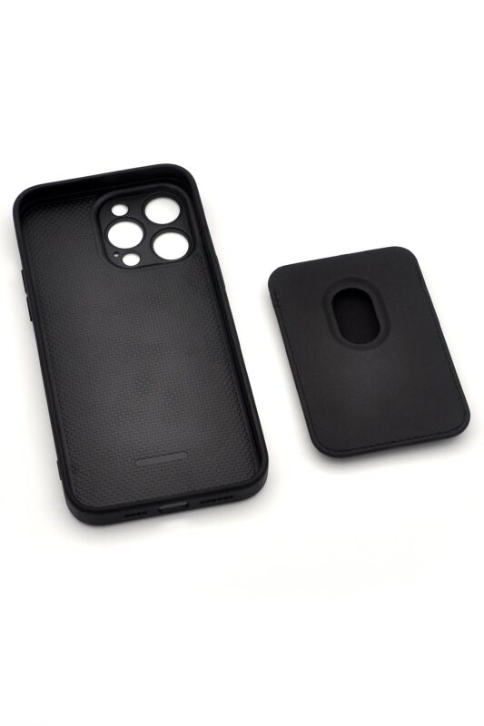 iPhone 15 Pro Max Uyumlu Manyetik Özellikli Kredi Kartlıklı Deri Kılıf Siyah - 7