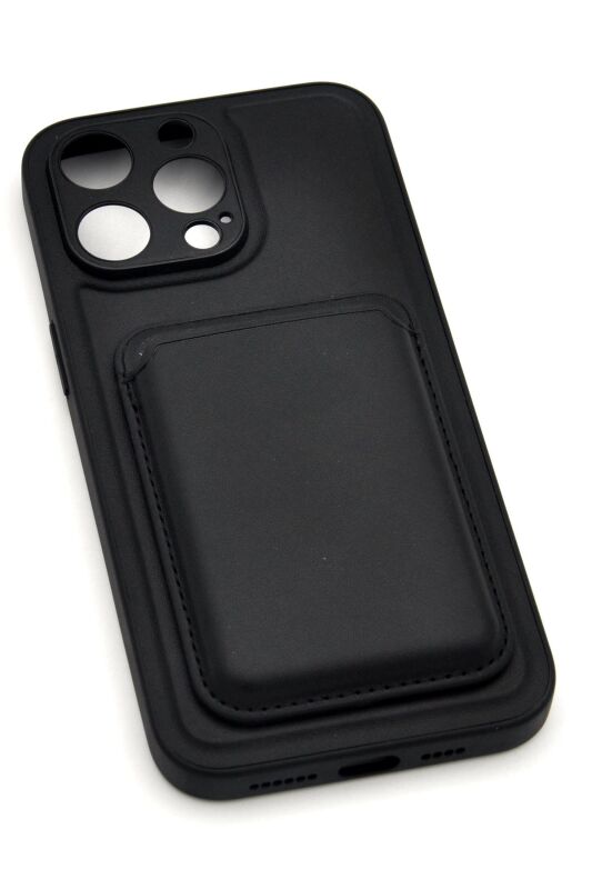 iPhone 15 Pro Max Uyumlu Manyetik Özellikli Kredi Kartlıklı Deri Kılıf Siyah - 8