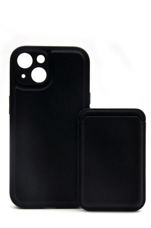 iPhone 15 Uyumlu Manyetik Özellikli Kredi Kartlıklı Deri Kılıf Siyah - 2