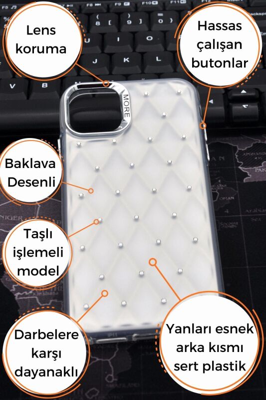 iPhone 16 Pro Max Uyumlu Baklava Desenli Pırlanta Taşlı Sert Kapak Kılıf Beyaz - 8