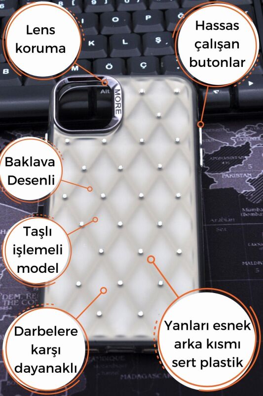 iPhone 16 Pro Max Uyumlu Baklava Desenli Pırlanta Taşlı Sert Kapak Kılıf Gri - 7