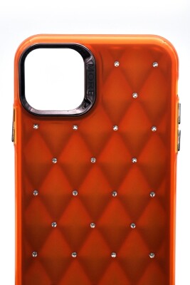 iPhone 16 Pro Max Uyumlu Baklava Desenli Pırlanta Taşlı Sert Kapak Kılıf Turuncu - 6