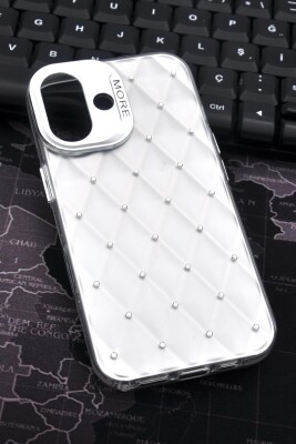 iPhone 16 Uyumlu Baklava Desenli Pırlanta Taşlı Sert Kapak Kılıf Beyaz - 1