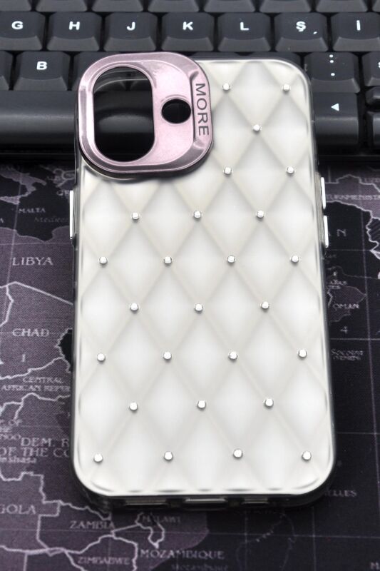 iPhone 16 Uyumlu Baklava Desenli Pırlanta Taşlı Sert Kapak Kılıf Gri - 2