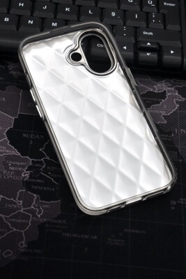 iPhone 16 Uyumlu Baklava Desenli Pırlanta Taşlı Sert Kapak Kılıf Gri - 7