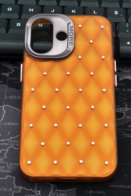 iPhone 16 Uyumlu Baklava Desenli Pırlanta Taşlı Sert Kapak Kılıf Turuncu - 2