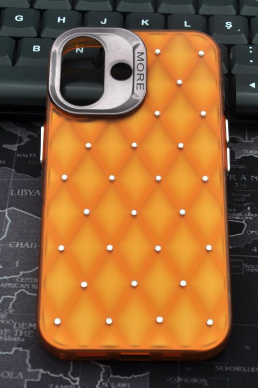 iPhone 16 Uyumlu Baklava Desenli Pırlanta Taşlı Sert Kapak Kılıf Turuncu - 2