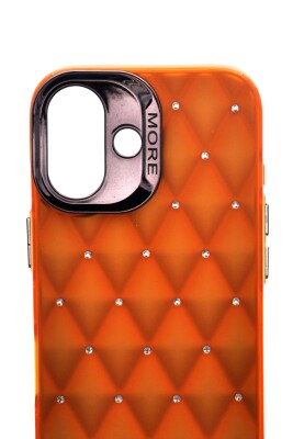iPhone 16 Uyumlu Baklava Desenli Pırlanta Taşlı Sert Kapak Kılıf Turuncu - 6