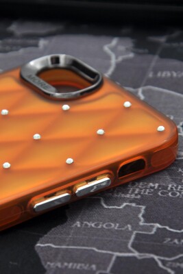 iPhone 7 / 8 Uyumlu Baklava Desenli Pırlanta Taşlı Sert Kapak Kılıf Turuncu - 4