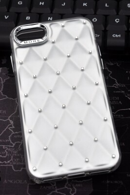 iPhone 7 Plus / 8 Plus Uyumlu Baklava Desenli Pırlanta Taşlı Sert Kapak Kılıf Beyaz - 1