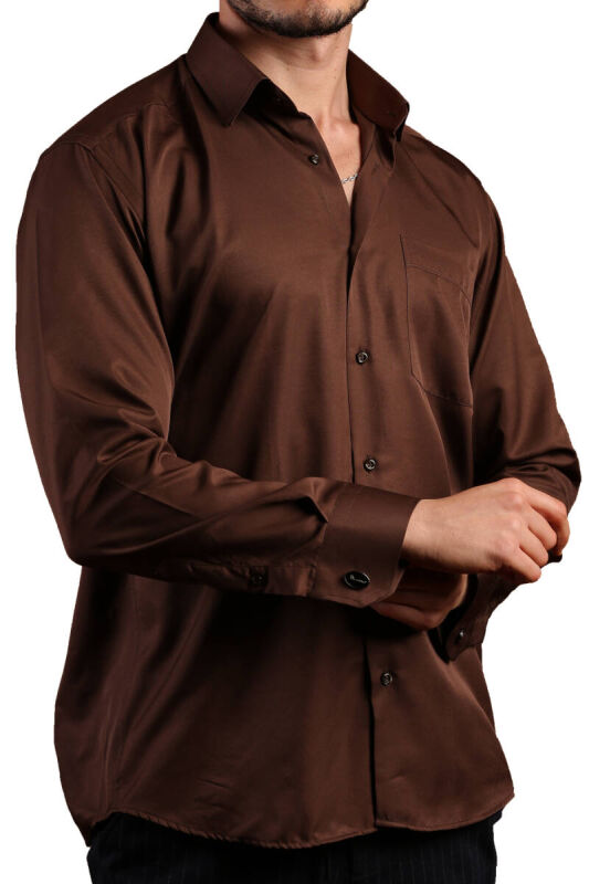 Kahverengi Büyük Beden Rahat Kesim Micro Kumaş Kol Düğmeli Regular Fit Erkek Gömlek - 190-11 - 1