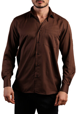 Kahverengi Büyük Beden Rahat Kesim Micro Kumaş Kol Düğmeli Regular Fit Erkek Gömlek - 190-11 - 2