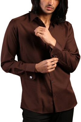Kahverengi Dar Kesim Micro Kumaş Kol Düğmeli Slim Fit Erkek Gömlek - 201-11 - 1