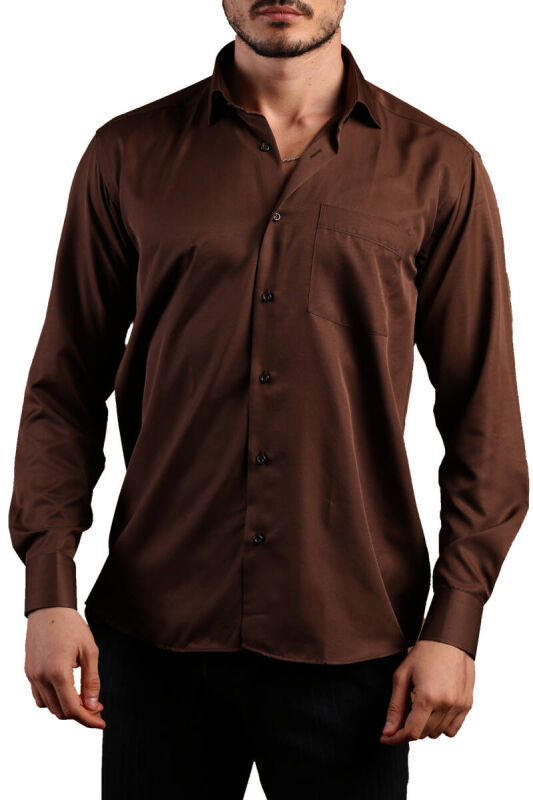 Kahverengi Rahat Kesim Micro Kumaş Kol Düğmeli Regular Fit Erkek Gömlek - 190-11 - 2
