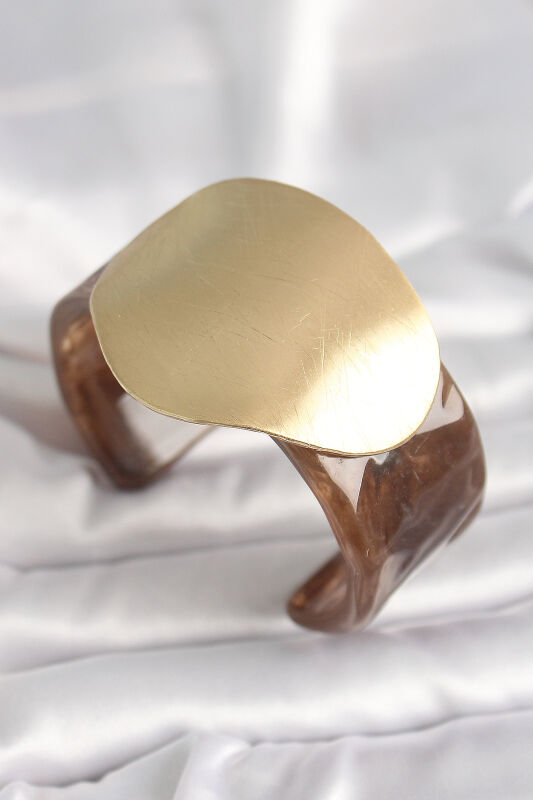 Kahverengi Mermer Desen Akrilik Plastik Gold Daire Plaka Model Vintage Kadın Bilezik - EBJ250201W30893 - 1