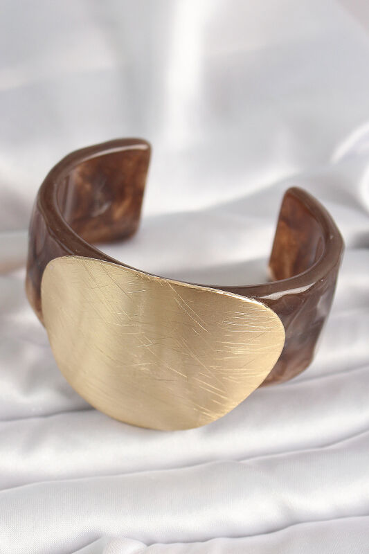 Kahverengi Mermer Desen Akrilik Plastik Gold Daire Plaka Model Vintage Kadın Bilezik - EBJ250201W30893 - 2