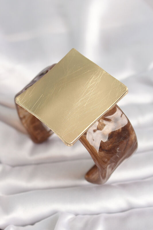 Kahverengi Mermer Desen Akrilik Plastik Gold Kare Plaka Model Vintage Kadın Bilezik - EBJ250201W30895 - 1